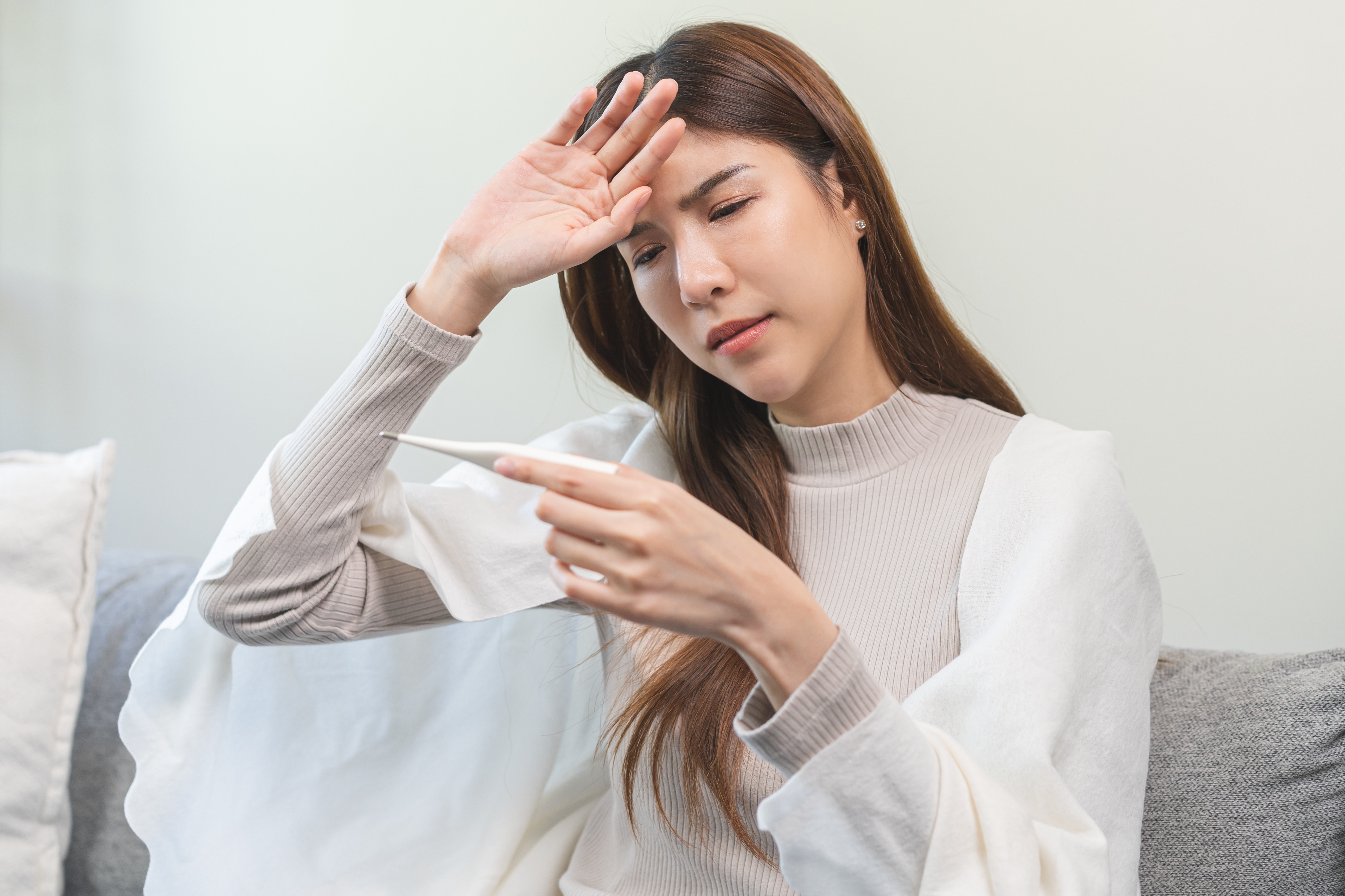 Sick,,Influenza,Asian,Young,Woman,,Girl,Headache,Have,Fever,,Hand